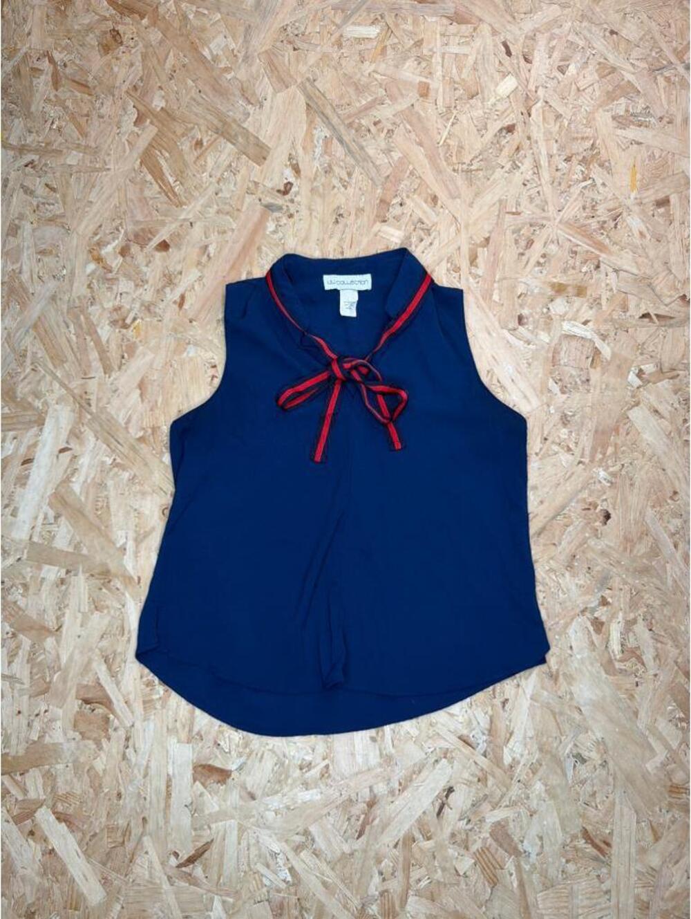 Lili Collection Women's Size M Navy Blue Sleeveless Blouse Red Striped Bow Neck